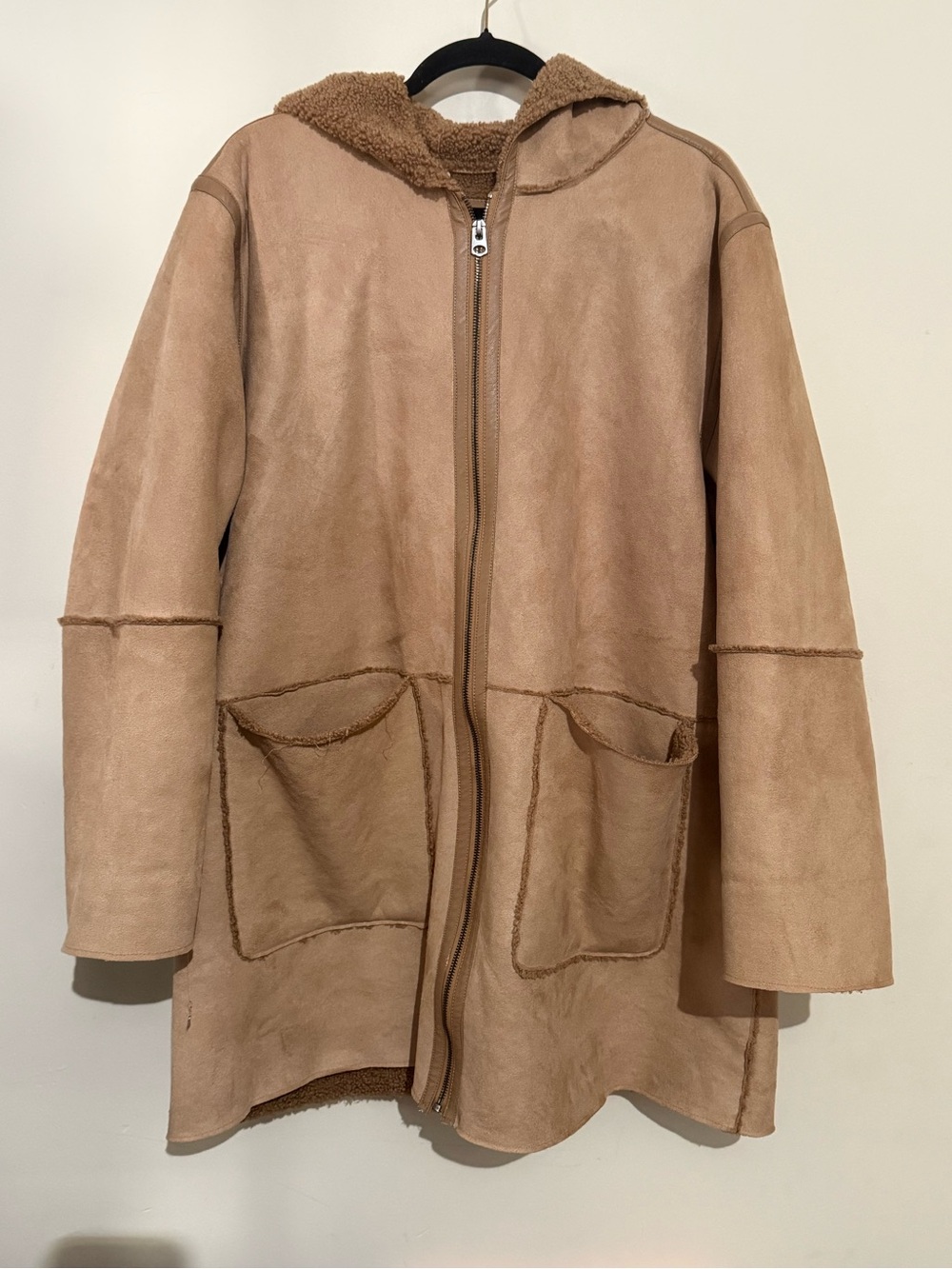 Women's Hooded Faux Shearling Coat - Tan